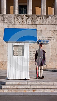 Evzones - presidential ceremonial guards in the Tomb of the Unknown Soldier at the Greek Parliament