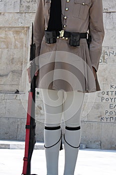 Evzones standing guard in front of the Parliament in Athens.