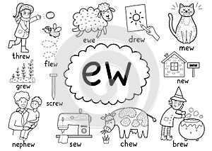 -Ew- digraph spelling rule black and white educational poster for kids with words