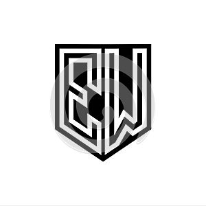 EW Logo monogram shield geometric white line inside black shield color design