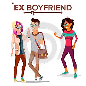 Ex Boyfriend Vector. Couple. Shocked Woman. Breaking Up. Lifestyle Problem. Ex-lover. Frustrated. Isolated Flat Cartoon