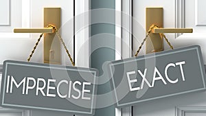 Exact or imprecise as a choice in life - pictured as words imprecise, exact on doors to show that imprecise and exact are