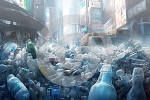 Exaggerated futuristic view of a city street overfilled with plastic bottles and other plastic waste. Generative AI ecology