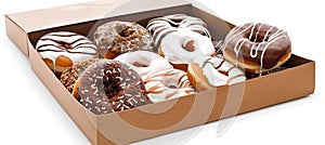 Exaggerated hyper realistic box of glossy donuts, strikingly detailed and vividly portrayed photo