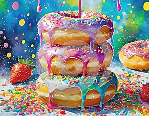 Exaggerated Pink Sprinkled Doughnuts On White Background