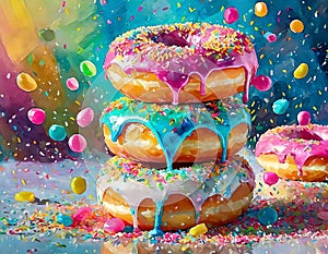 Exaggerated Pink Sprinkled Doughnuts On White Background