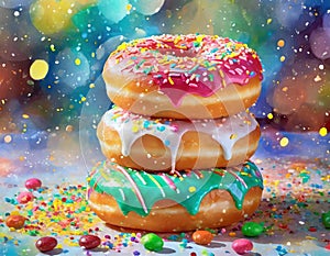 Exaggerated Pink Sprinkled Doughnuts On White Background