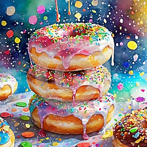 Exaggerated Pink Sprinkled Doughnuts On White Background