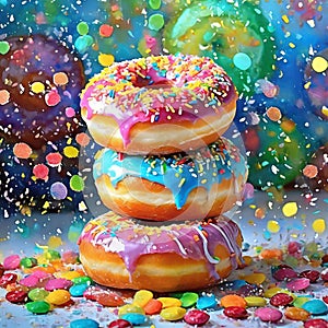 Exaggerated Pink Sprinkled Doughnuts On White Background