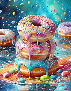 Exaggerated Pink Sprinkled Doughnuts On White Background