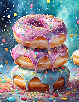 Exaggerated Pink Sprinkled Doughnuts On White Background