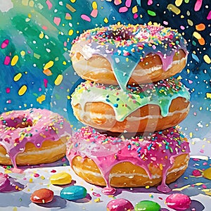 Exaggerated Pink Sprinkled Doughnuts On White Background