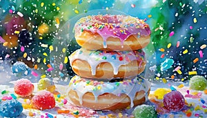 Exaggerated Pink Sprinkled Doughnuts On White Background