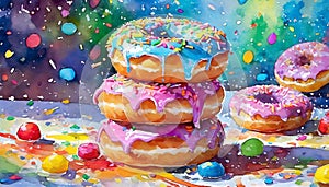Exaggerated Pink Sprinkled Doughnuts On White Background