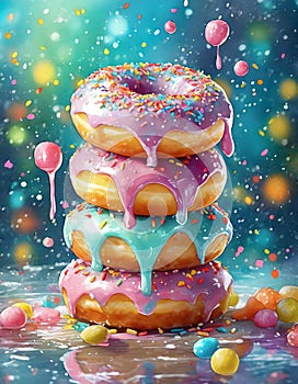 Exaggerated Pink Sprinkled Doughnuts On White Background