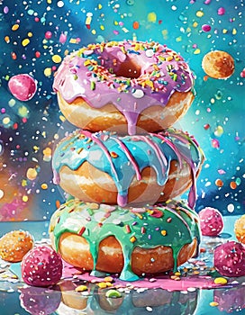 Exaggerated Pink Sprinkled Doughnuts On White Background