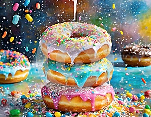 Exaggerated Pink Sprinkled Doughnuts On White Background