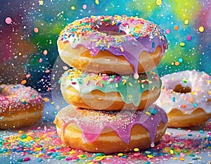 Exaggerated Pink Sprinkled Doughnuts On White Background