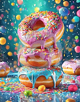 Exaggerated Pink Sprinkled Doughnuts On White Background