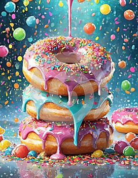 Exaggerated Pink Sprinkled Doughnuts On White Background