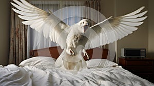 Exaggerated Poses Candid Bird Flying Over White Bedding