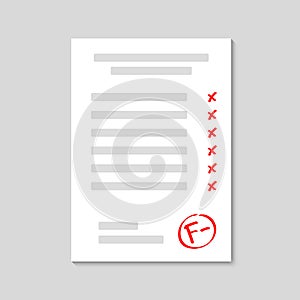 Exam. Examination sheet. Fail. Grade result F-. Hand drawn vector grade with minus in circle. Flat illustration photo