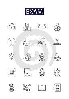 Exam line vector icons and signs. Quiz, Assessment, Examen, End-of-term, Evaluation, Investigation, Benchmark, Probe photo