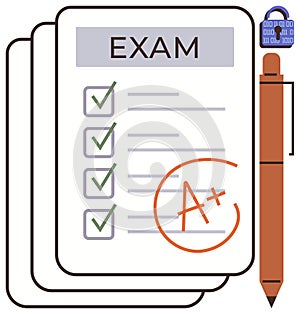 Exam paper with checklist, A grade, and secure pen for academic assessment and success