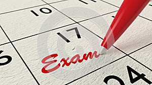 Exam reminder in calendar closeup with pen