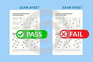 Exam test pass or fail. School and Education. Test score sheet with answers