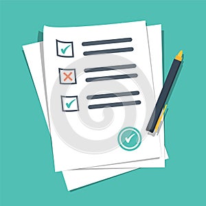 Exam test results paper sheet illustration, survey form checklist