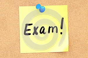 Exam. Text on a sticky note pinned to a corkboard. 3D rendering