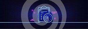 Exam time line icon. Checklist sign. Neon light glow effect. Vector