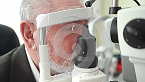 examination of elderly man with slit lamp. equipping ophthalmologist's office.