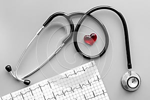 Examine the heart to prevent heart disease. Heart sign, cardiogram, stethoscope on grey background top view