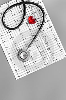 Examine the heart to prevent heart disease. Heart sign, cardiogram, stethoscope on grey background top view copyspace