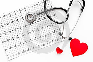 Examine the heart to prevent heart disease. Heart sign, cardiogram, stethoscope on white background top view