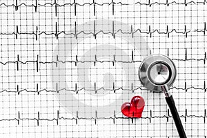 Examine the heart to prevent heart disease. Heart sign and stethoscope on cardiogram background top view