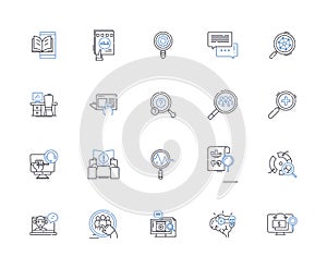 Examine line icons collection. Scrutinize, Analyze, Inspect, Study, Review, Explore, Probe vector and linear