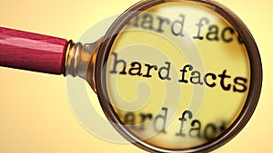 Examine and study hard facts, showed as a magnify glass and word hard facts to symbolize process of analyzing, exploring, learning