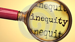 Examine and study inequity, showed as a magnify glass and word inequity to symbolize process of analyzing, exploring, learning and