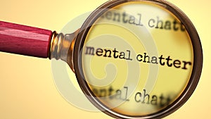 Examine and study mental chatter, showed as a magnify glass and word mental chatter to symbolize process of analyzing, exploring,