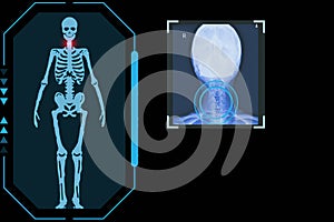 Examines a technological digital holographic plate representing the patient\'s body.