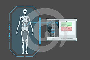 Examines a technological digital holographic plate representing the patient\'s body , Concept: Futuristic