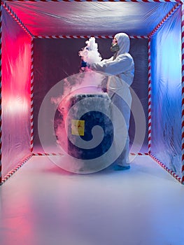 Examining bio hazardous waste in containment tent