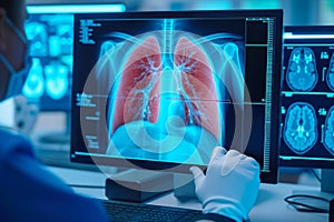 An examining pulmonologist diagnoses patient lungs