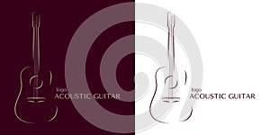 An example of an acoustic guitar logo in minimalism. A set of two options. Smooth outline lines.