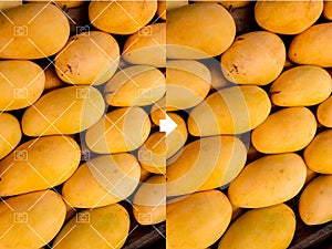 Before and after example of AI copyright or watermark remover tool erasing watermarks from a photo of mangoes photo