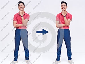 Before and after example of AI watermark remover tool erasing watermarks from a photo of a man