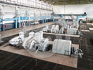 Example of chemical production interior. High pressure nitrogen turbine compressor as part of large modern chemical plant gas photo